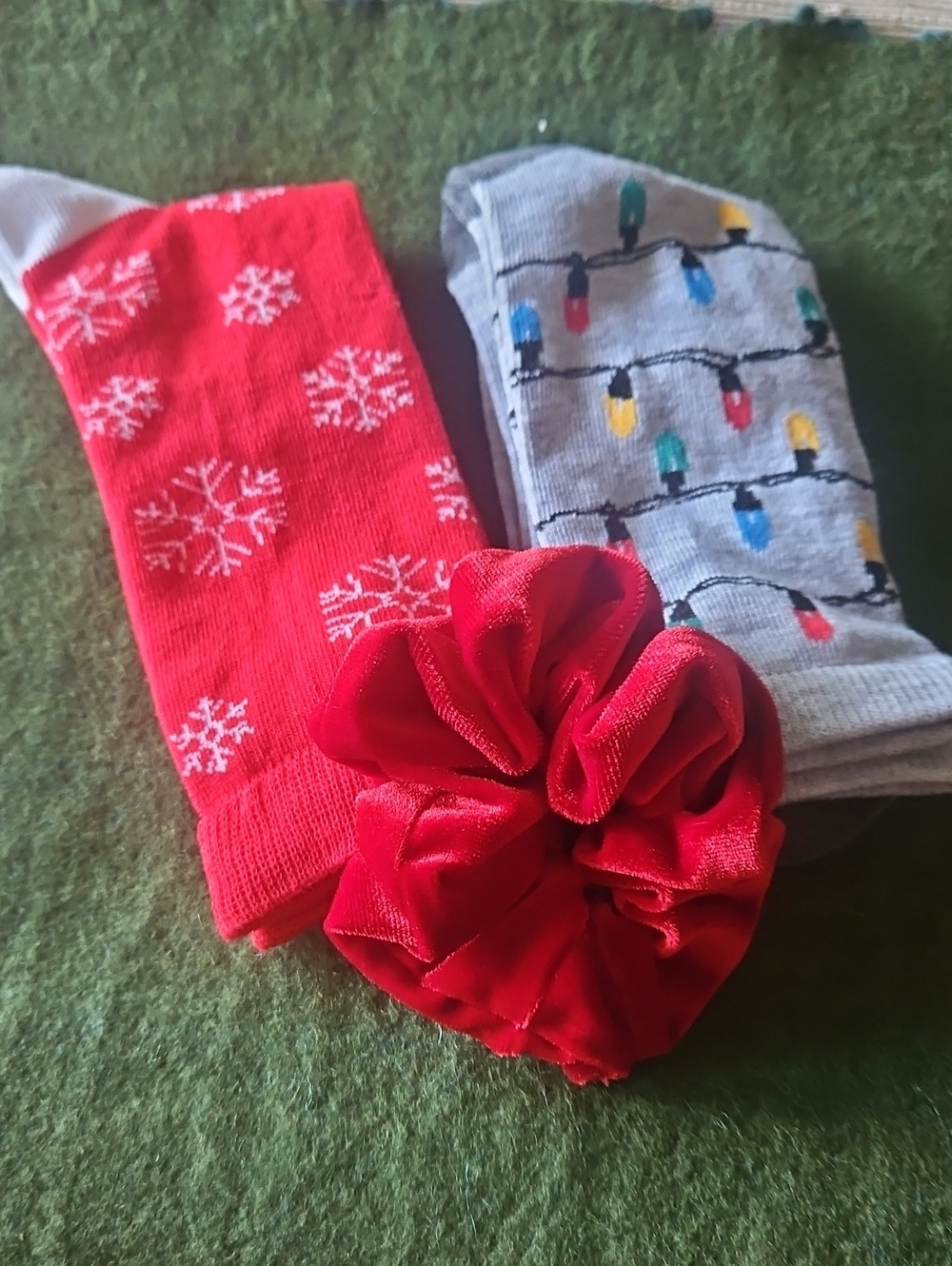 Red Holiday Scrunchie & Socks Set - Festive Red and Gray Christmas Lights.
